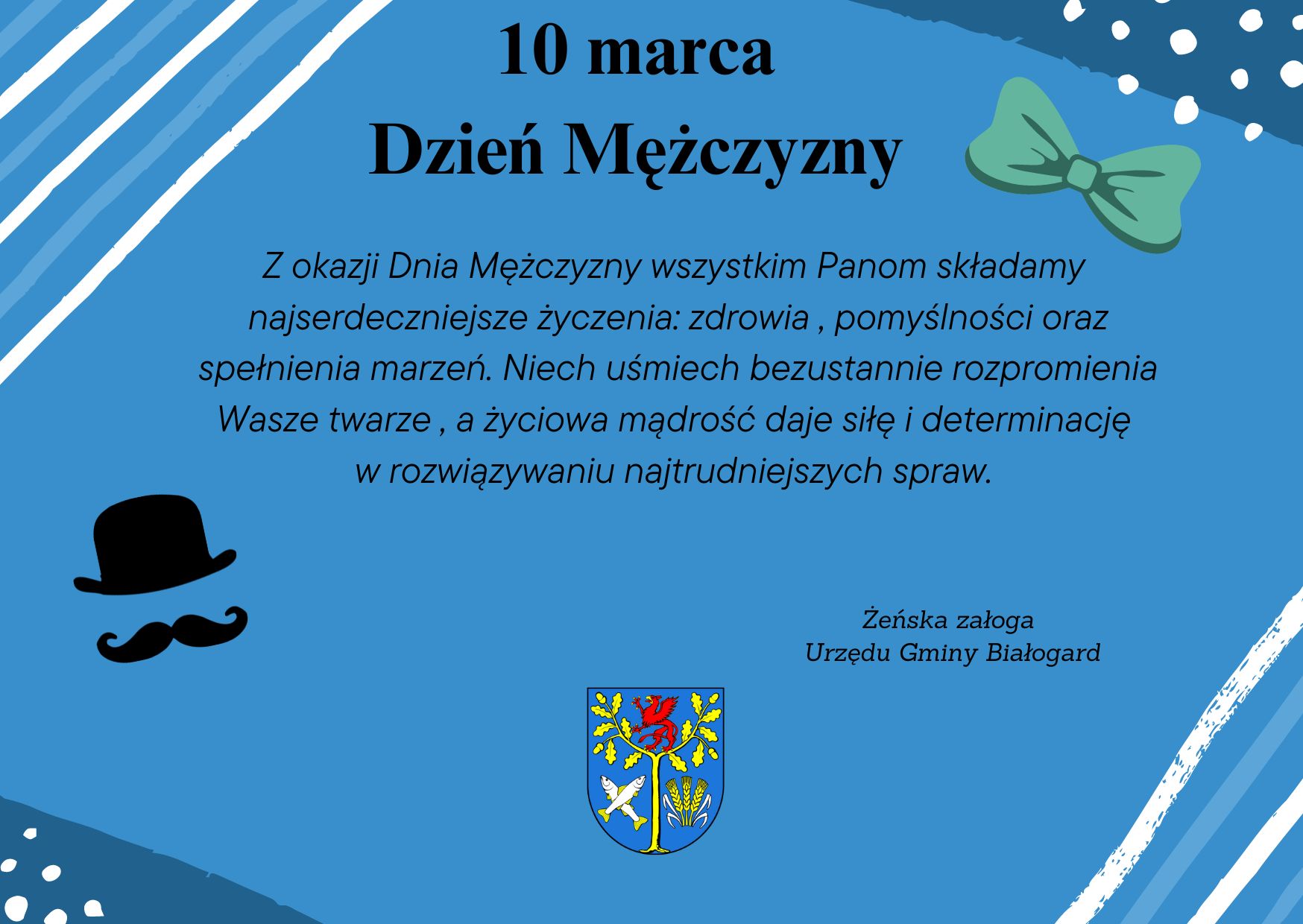 na niebieskim tle w prawym górnym rogu na górze kropki i mucha, w lewym dolnym roku czarny kapelusz,  na środku napis. 