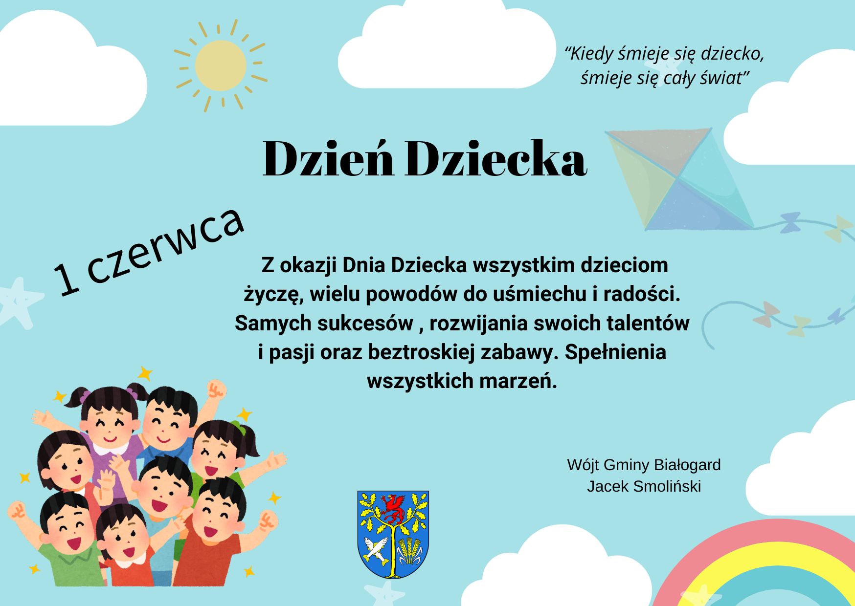  na niebieskim tle na środku napis dzień dzień dziecka , w lewym dolnym rogu obrazek dzieci w prawym napis i  na środku napis. 