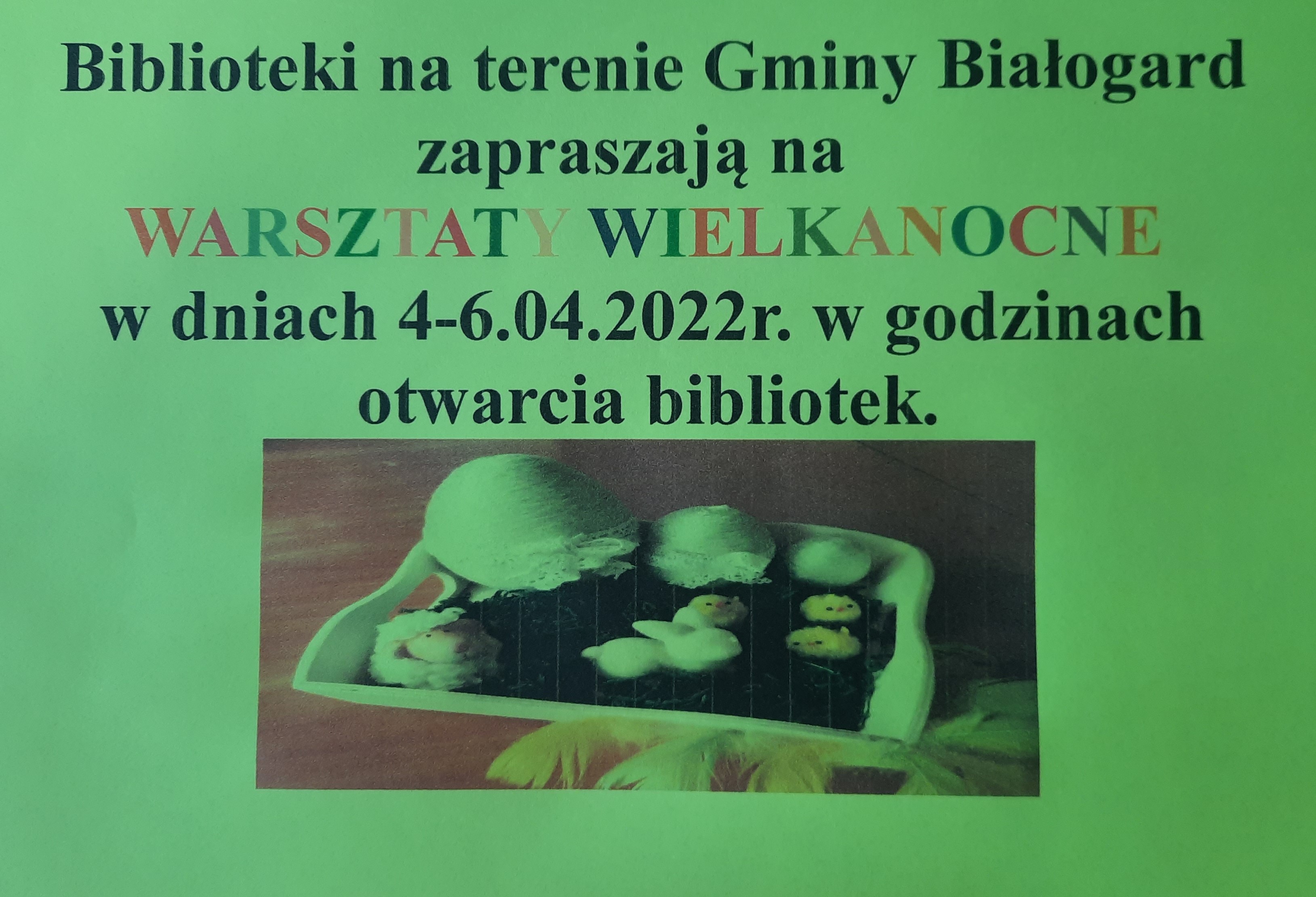 Plakat informujący o warsztatach wielkanocnych w bibliotekach na terenie Gminy Białogard