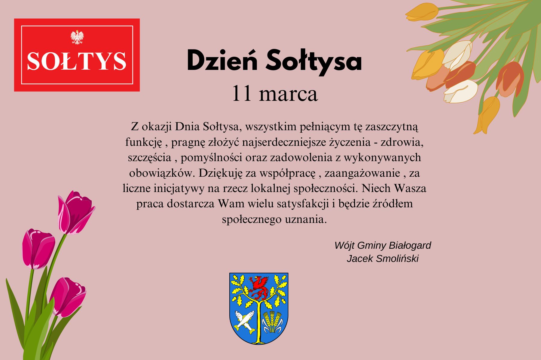 na różowym tle w lewym górnym roku napis sołtys, w lewym dolnym roku oraz w prawym górnym kolorowe tulipany, na środku napis. 