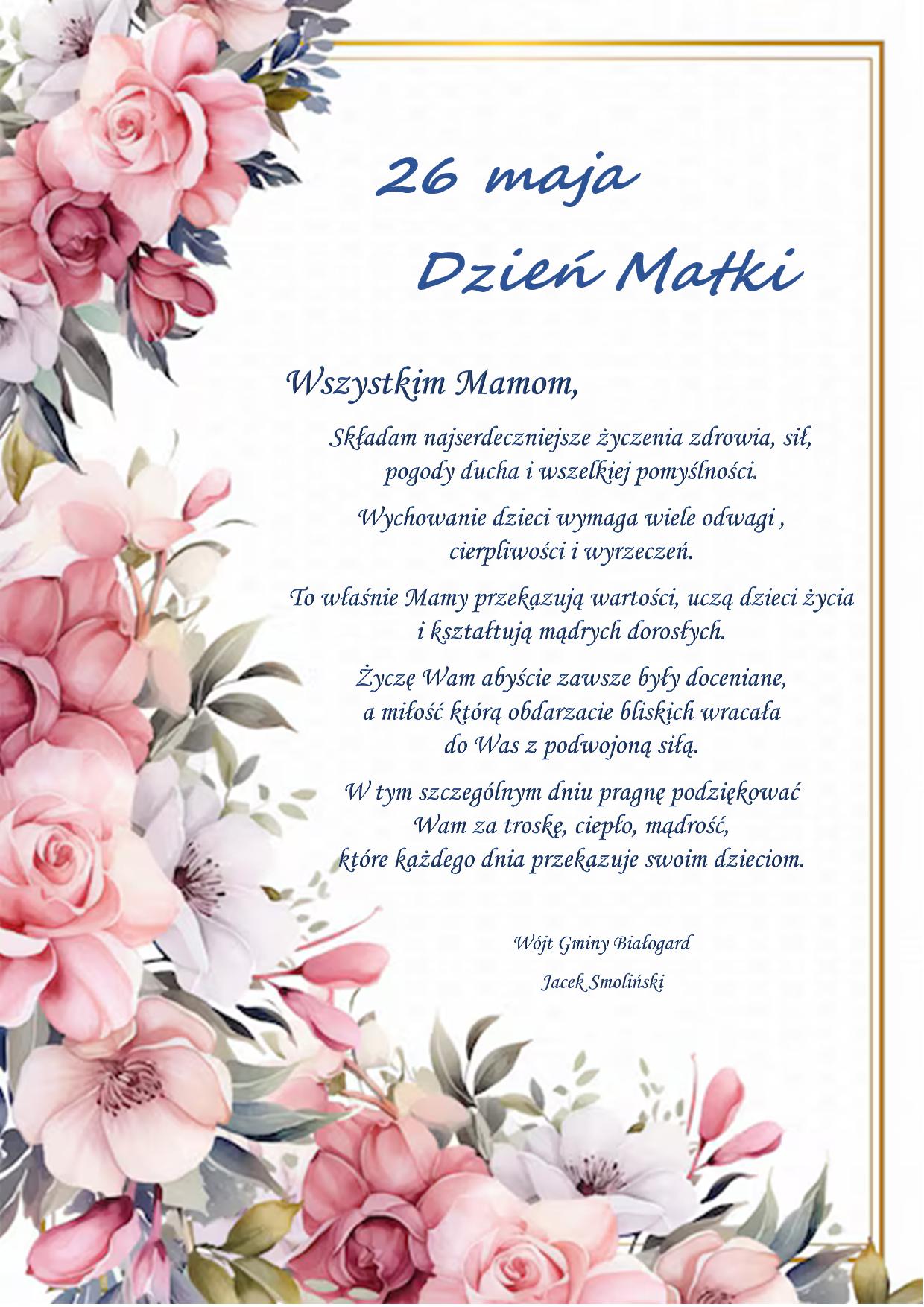 26 maja dzień matki  złota ramka, po lewej stronie kwiaty. Poniżej życzenia  