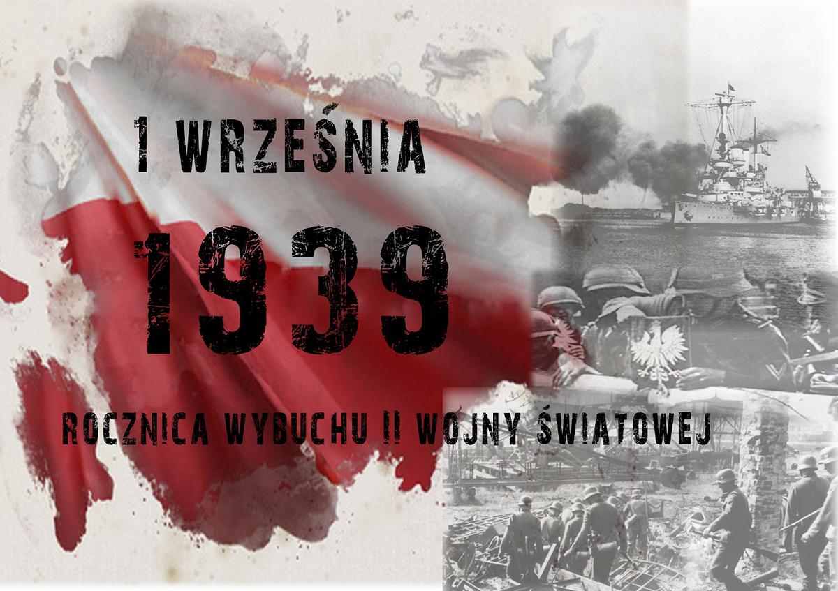 PO PRAWEJ STRONIE CZARNO-BIAŁE ZDJĘCIA Z CZASÓW WOJNY, PO LEWEJ STRONIE FLAGA POLSKI 