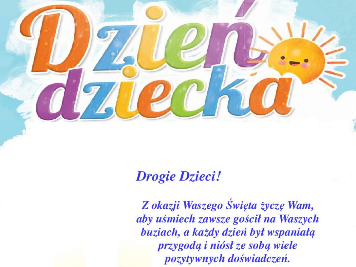 na górze słoneczko i  kolorowy napis Dzień Dziecka na dole dziewczynka jadąca na hulajnodze i chłopczyk na rowerze 