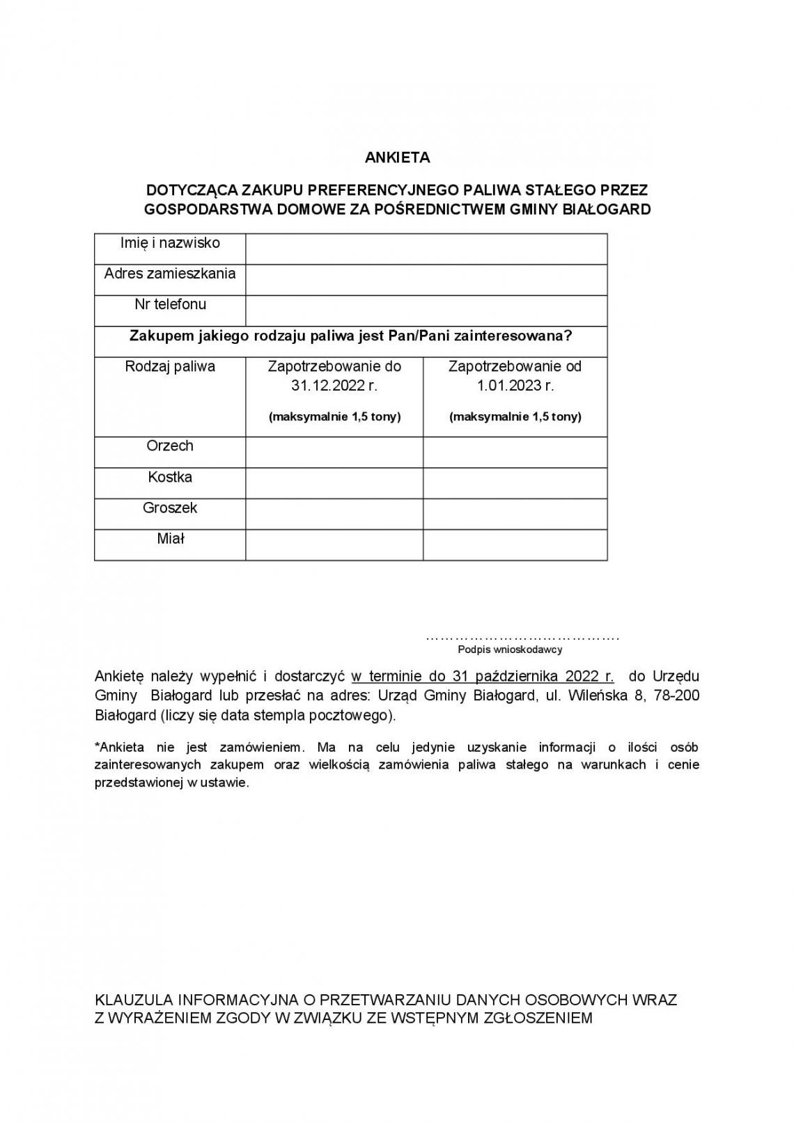 zapotrzebowania na węgiel Ankieta