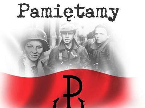 na biało czerwonym tle zdjęcie powstańców, z napisem: pamiętamy, 1 VIII 1944 