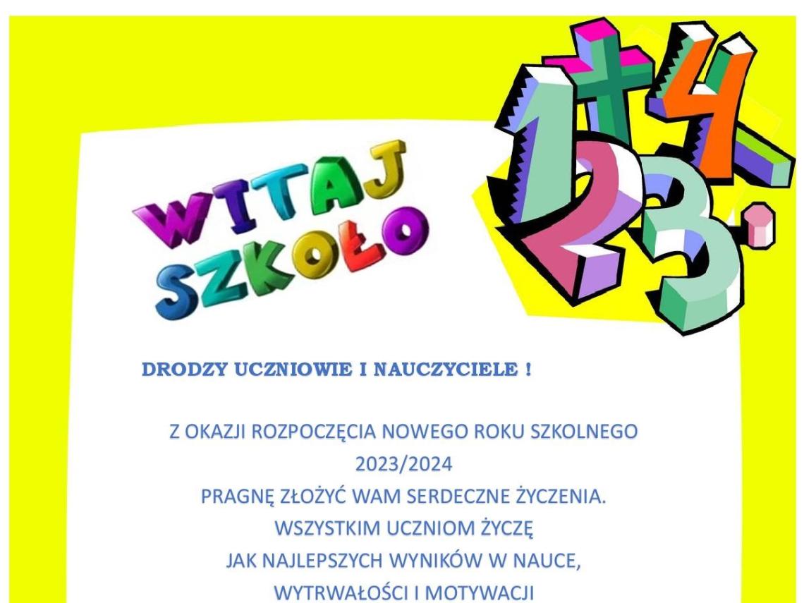  na białym tle żółta ramka, NA GÓRZE KOLOROWY NAPIS WITAJ SZKOŁO ORAZ KOLOROWE DZIAŁANIA MATEMATYCZNE w lewym dolnym rogu dzieci uczące się i bawiące się   