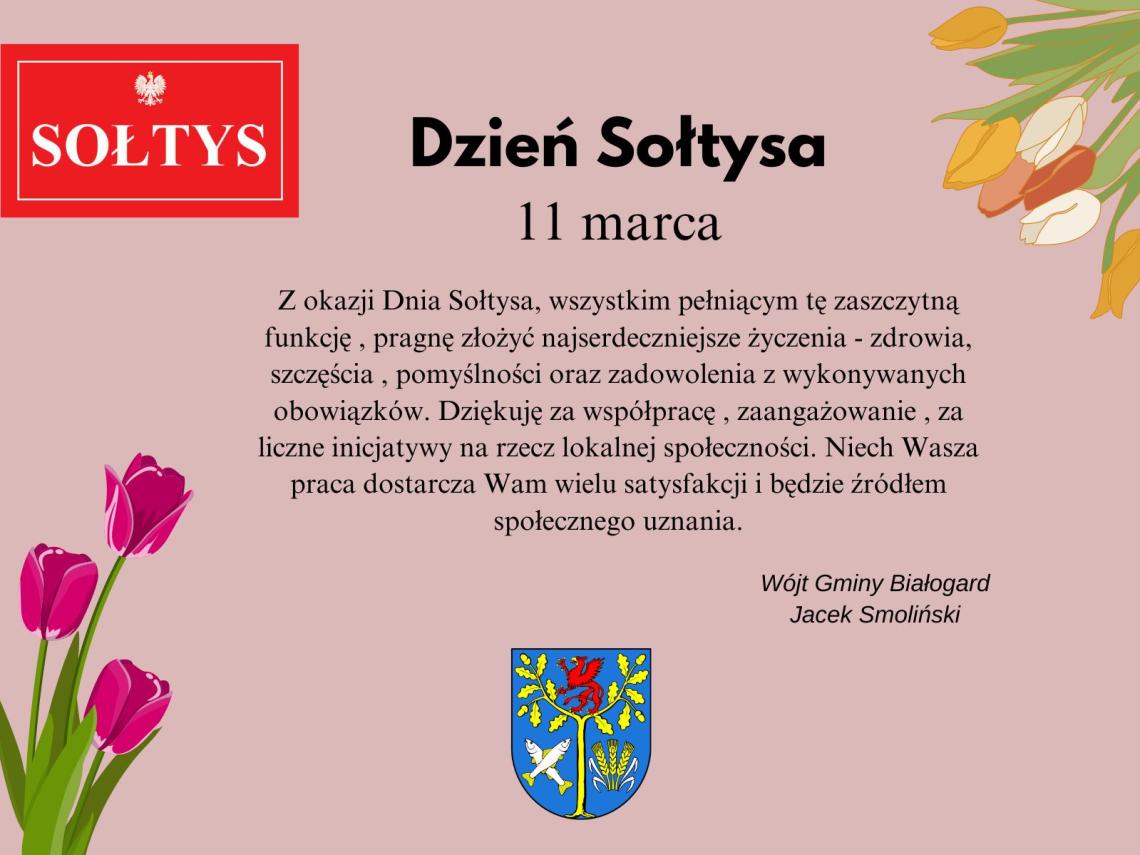 na różowym tle w lewym górnym roku napis sołtys, w lewym dolnym roku oraz w prawym górnym kolorowe tulipany, na środku napis. 