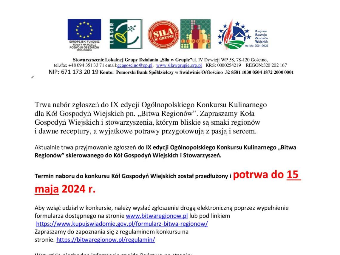 IX edycja Ogólnopolskiego Konkursu  Kulinarnego dla Kół Gospodyń Wiejskich pn. "Bitwa Regionów" 