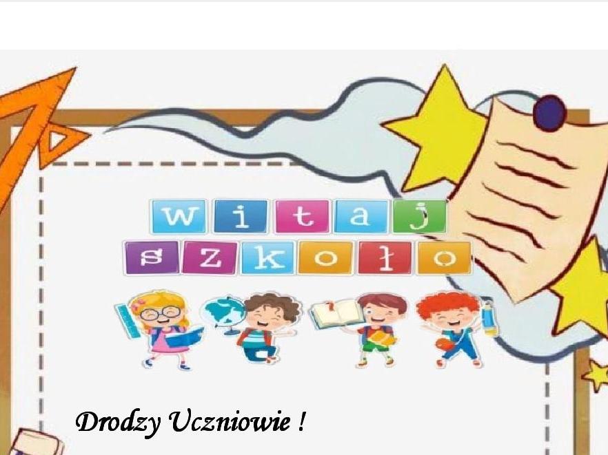 Na szarym tle ramka, na ramce przybory szkolne, plecak. Kolorowy napis WITAJ SZKOŁO oraz życzenia