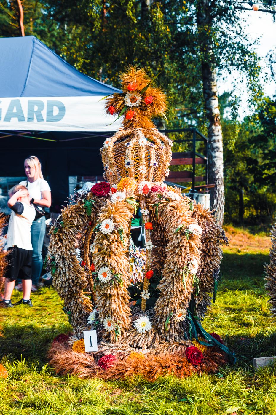 uplecione własnoręcznie z tegorocznych zbóż, wieńce dożynkowe. Zgodnie z tradycją do przygotowania wieńca nie używa się drutów ani metalowych konstrukcji. Wieńce są  symbolem zakończenia żniw i podziękowania za zebrane plony.