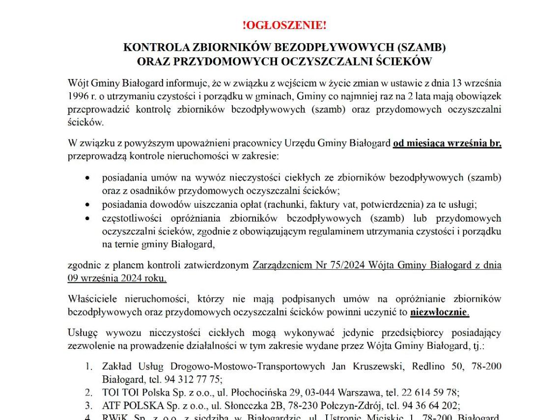 !OGŁOSZENIE! - Kontrola zbiorników bezodpływowych (szamb) oraz przydomowych oczyszczalni ścieków 