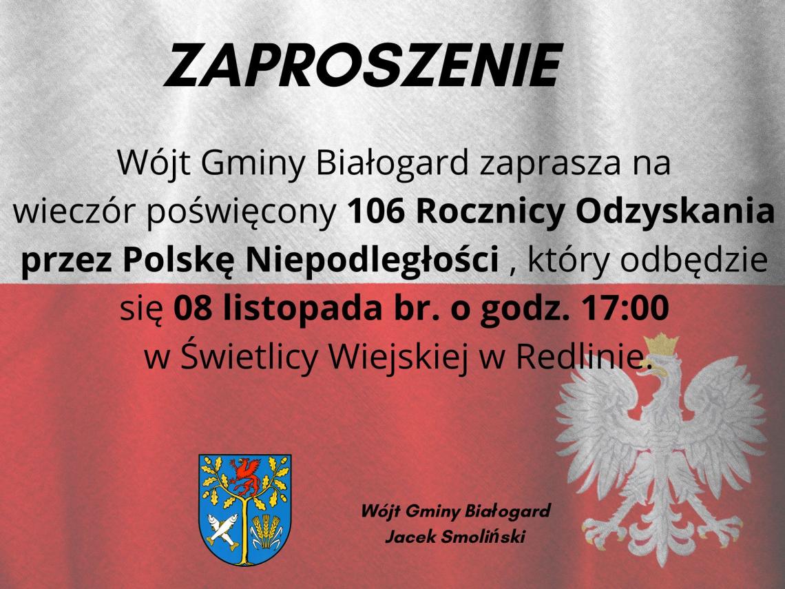 Na biało czerwonej fladze napis , na dole pośrodku herb gminy Białogard , w prawym dolnym rogu orzeł.