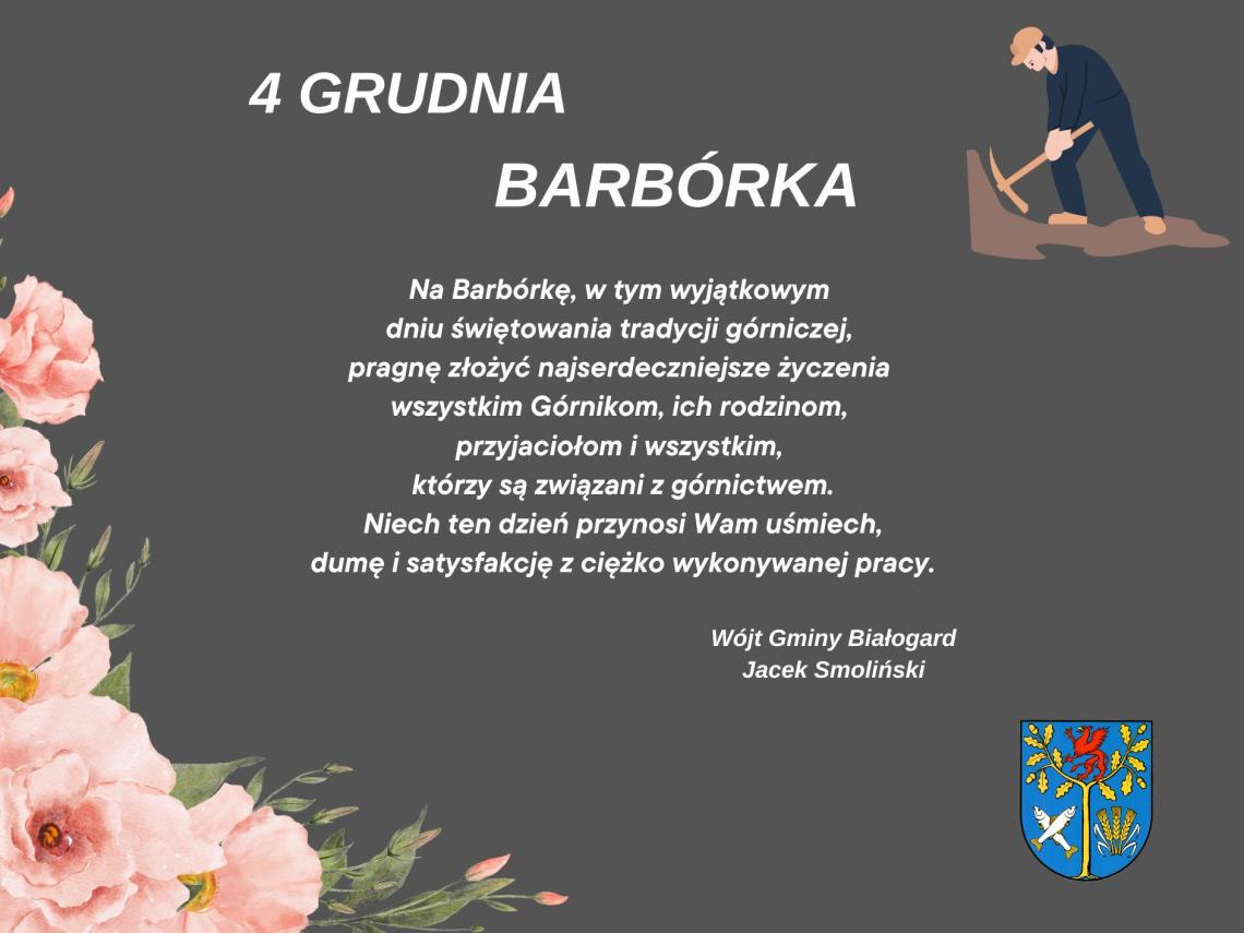 Na szarym tle w lewym roku kwiaty po środku napis a o góry górnik