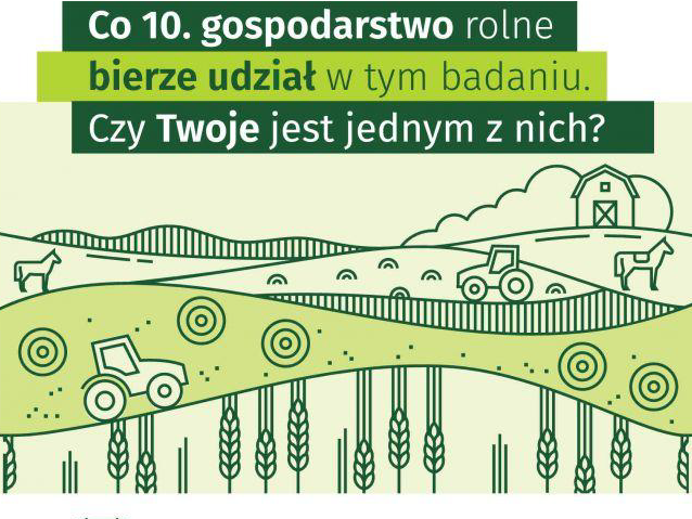 Plakat Głównego Urzędu Statystycznego (GUS) informujący o badaniu „Zintegrowane statystyki dotyczące gospodarstw rolnych”, które trwa od 1 czerwca do 14 sierpnia 2026 roku. Na górze widnieje napis: „Co 10. gospodarstwo rolne bierze udział w tym badaniu. Czy Twoje jest jednym z nich?”. W tle zielona, sielankowa ilustracja wsi.