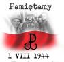 na biało czerwonym tle zdjęcie powstańców, z napisem: pamiętamy, 1 VIII 1944 