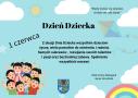  na niebieskim tle na środku napis dzień dzień dziecka , w lewym dolnym rogu obrazek dzieci w prawym napis i  na środku napis. 